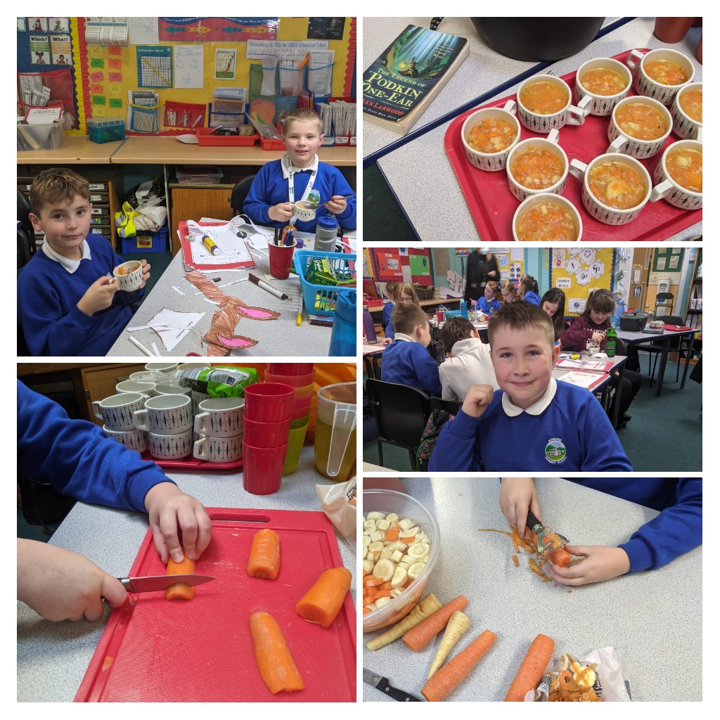 MenstriePrimary's tweet photo. Today we finished The Legend of Podkin One-Ear in P5AE. We celebrated by making parsnip soup and trying some warm honey drinks. You can also see some of the pupils fantastic work #podkinoneear #keiranlarwood #lovereading https://t.co/ibGAI6ZhFB