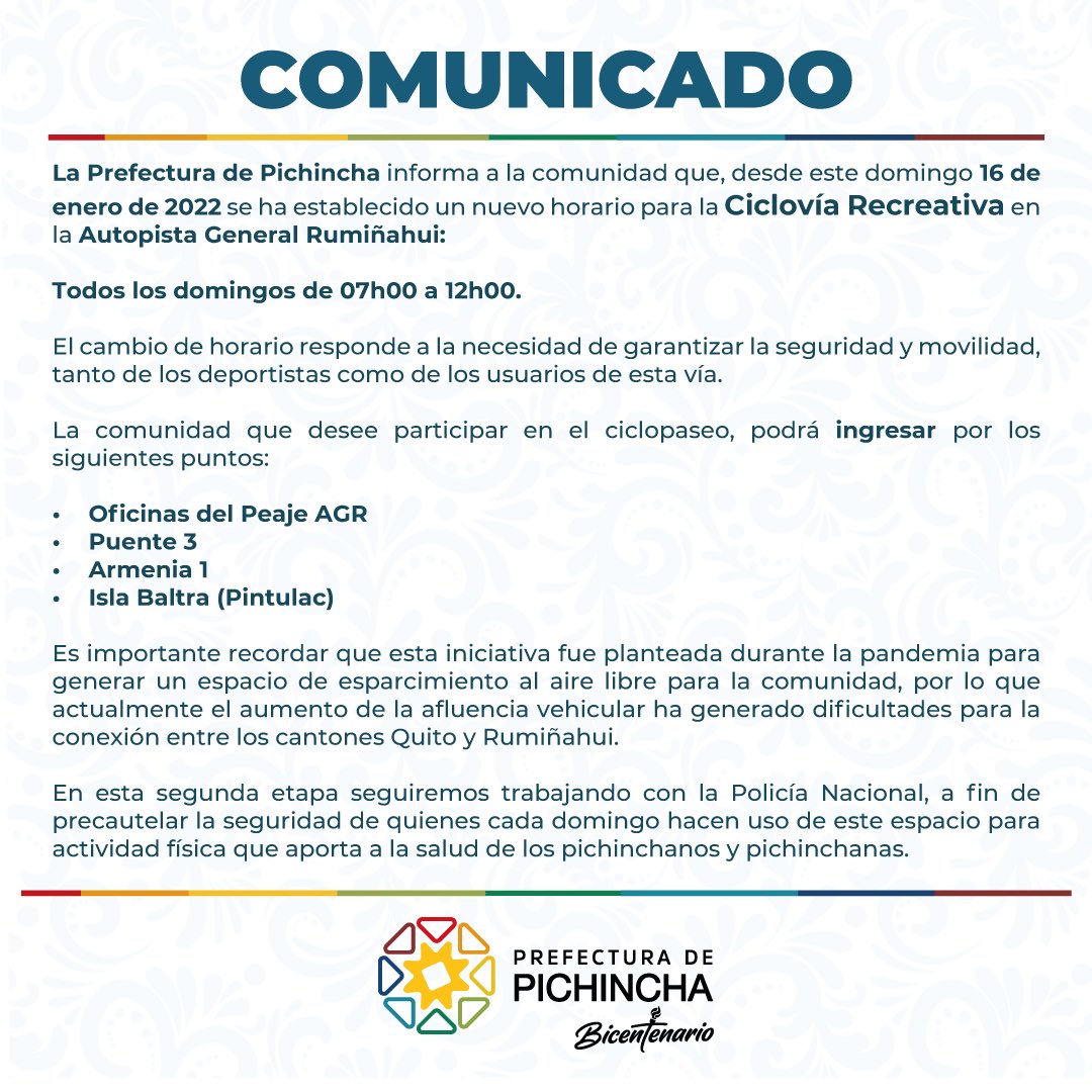 AutopistaGR's tweet photo. COMUNICADO | Informamos a la comunidad que, desde este domingo 16 de enero de 2022, se ha establecido un nuevo horario para la Ciclovía Recreativa en la Autopista General Rumiñahui: 🗓domingos de ⏰ 07h00 a 12h00. 

Más ⬇️ https://t.co/RZD96ZUIo0