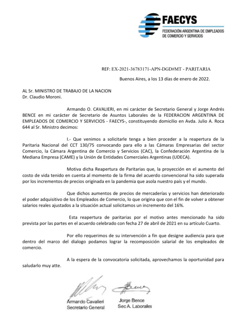 Cros/as, les comparto la nota enviada al @MinTrabajoAR por nuestro Secretario General, cro. Armando Cavalieri, solicitando la de reapertura de paritarias para los trabajadores/as de comercio de todo el país, tal como se estableció en el acuerdo firmado en abril 2021.