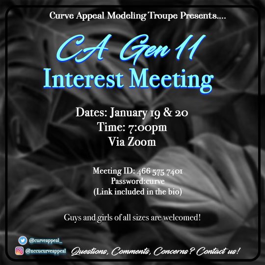 CurveAppeal_'s tweet photo. Want to see what it takes to be a Curve Appeal model? ✨ Click into our virtual interest meeting Jan. 19 &amp; 20 @7pm for spr. 22 tryouts! Zoom link in Instagram bio! #nccu #nccu22 #nccu23 #nccu24 #nccu25 https://t.co/To3riWzCjv