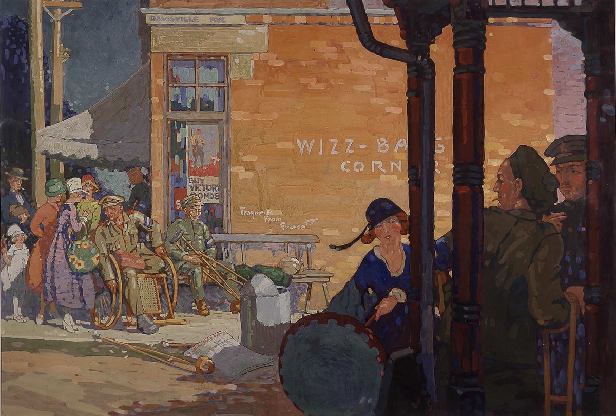 In the aftermath of World War One, an Orthopaedic Military Hospital cared for wounded veterans at the corner of Davisville and Yonge. They colloquially referred to it as “Whizz-Bang Corner”. This scene is captured in the painting “A War Record” by Stanley Francis Turner.