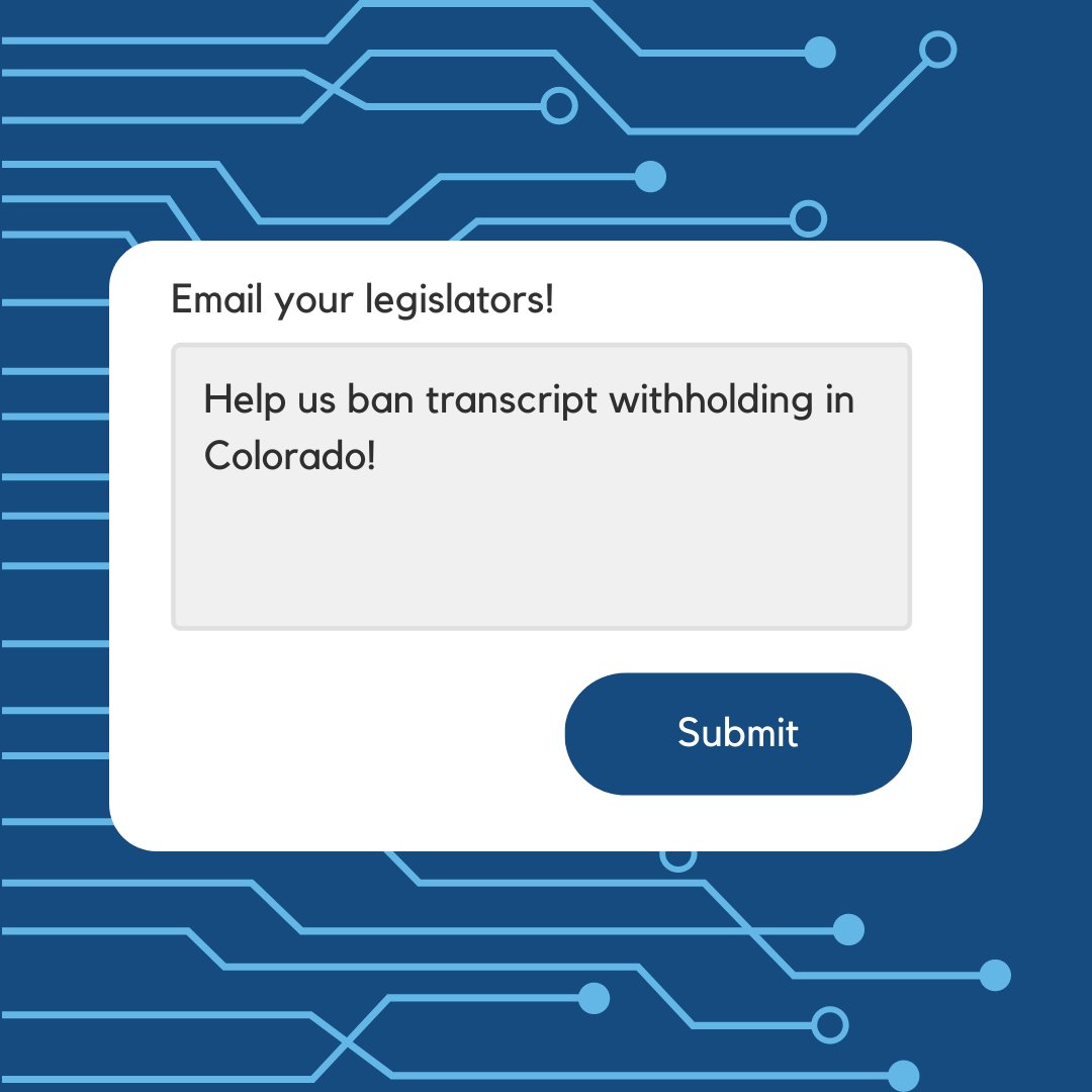 NewEraColorado's tweet photo. Every year, thousands of Coloradans have transcripts withheld as a result of past due balances, preventing them from getting a job, transferring schools, or re-enrolling. Now we can ban this practice—tell your legislators to support our bill: https://t.co/m3n0U8ePbL https://t.co/jaZiVxBJ6R