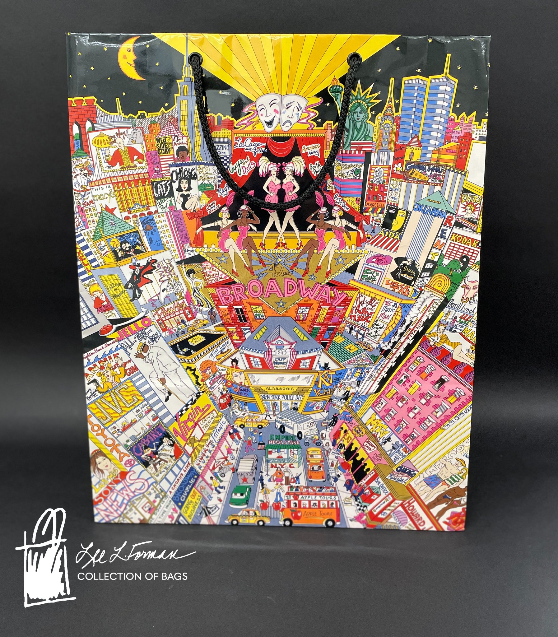 18/365: Many of items in the Lee L. Forman Collection of Bags highlight works of art, including this bag with an image of 'Broadway and Beyond,' a silkscreen and 3D collage by artist Charles Fazzino.