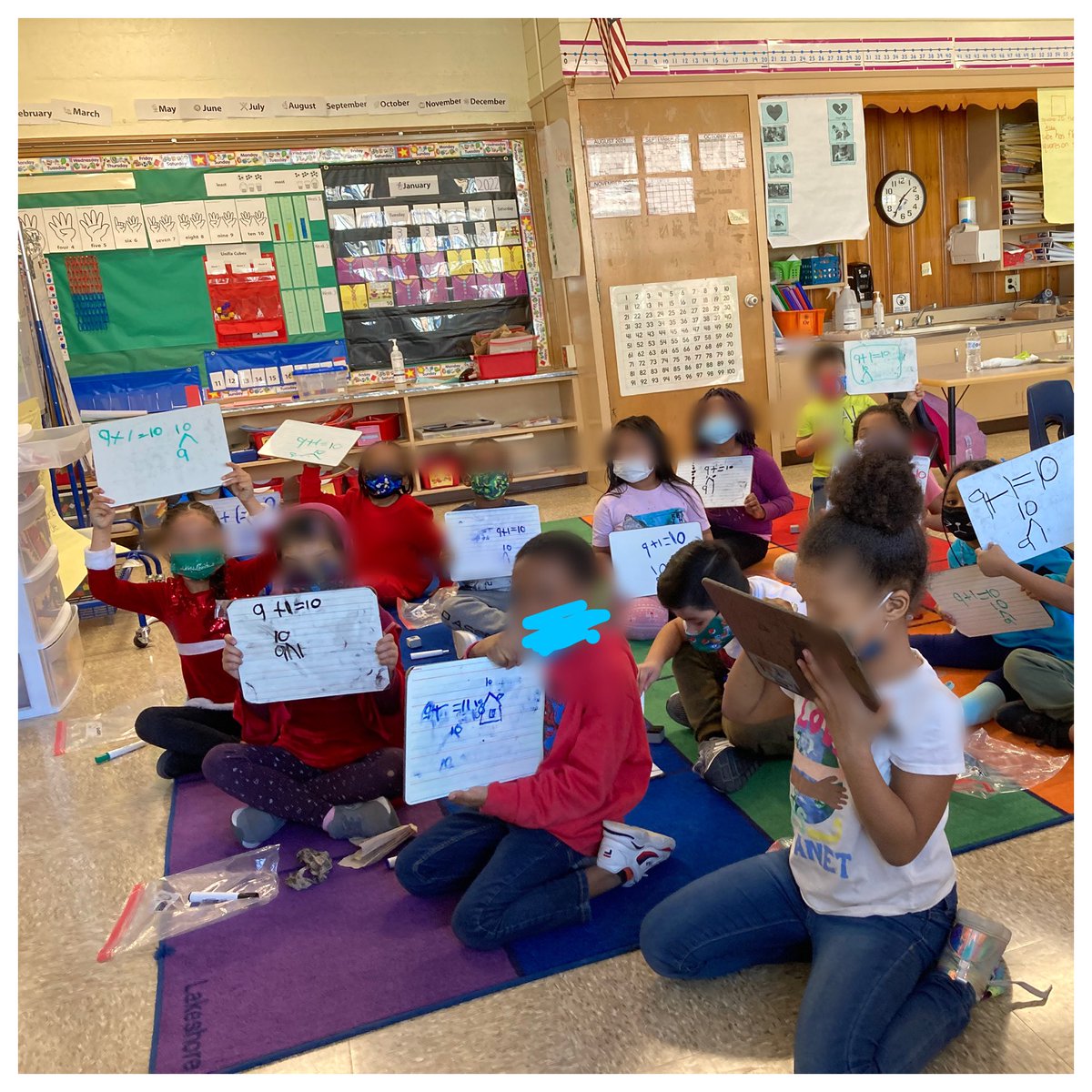 Today in kg math we practiced writing equations to make 10, matching number trees. Then checked our work w/a partner to make sure what we all wrote matched the board and our cubes! 💜 #KindergartenMath #WeAreFeatherbedLane #Bridges