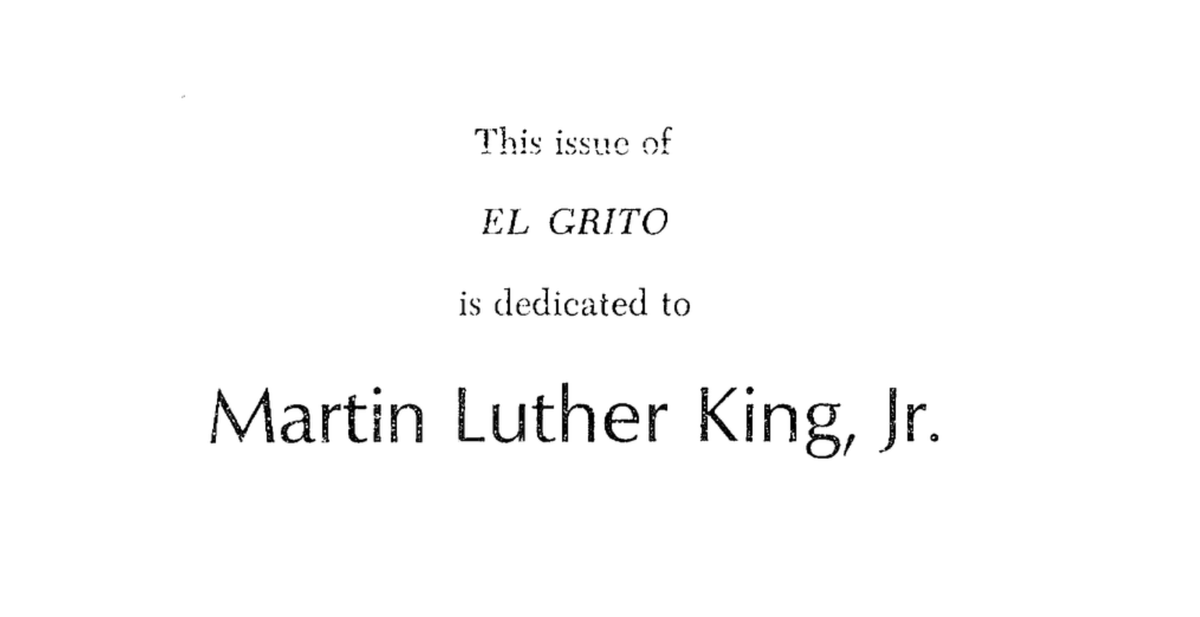 APPRecovery's tweet photo. In 1968, the CA journal "El Grito" dedicated their March issue to Martin Luther King, Jr. in order to honor the struggle for social justice. We invite you to join us in browsing the archives to read more about Dr. King's legacy and social justice activism. #MLKDay #MLK2022 https://t.co/iXohZWfkct