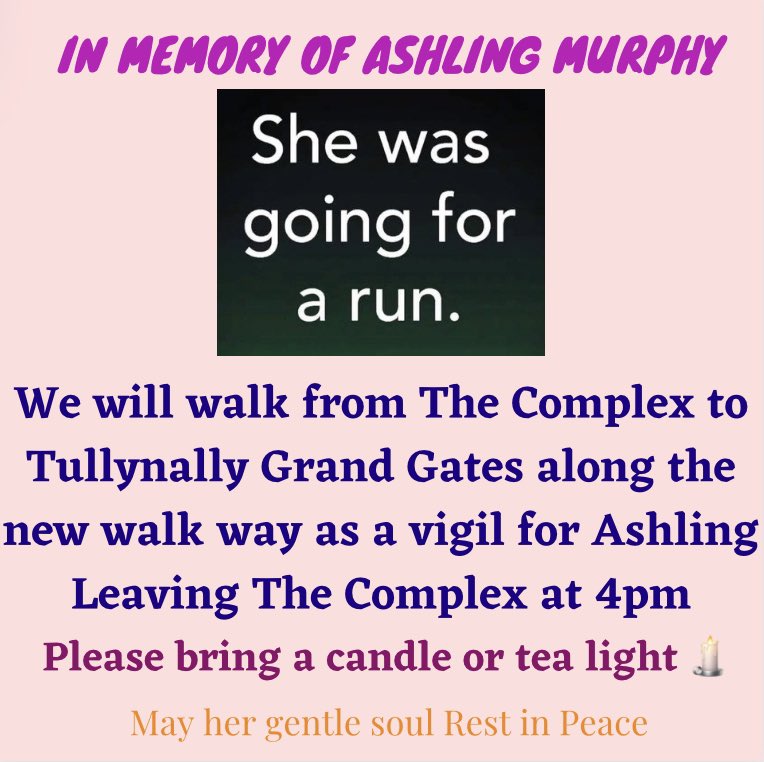 Castlepollard Camogie (@castlepollardc) on Twitter photo Please join us in our vigil for Ashling Murphy tomorrow (Saturday 15th January) at 4pm at The Hurling and Camogie Club Complex.
We encourage members of the local community to attend and remember Ashling's life and stand together against violence towards women.
<a href="/castlepollardHC/">Castlepollard Hurling Club</a> Please join us in our vigil for Ashling Murphy tomorrow (Saturday 15th January) at 4pm at The Hurling and Camogie Club Complex.
We encourage members of the local community to attend and remember Ashling's life and stand together against violence towards women.
<a href="/castlepollardHC/">Castlepollard Hurling Club</a>