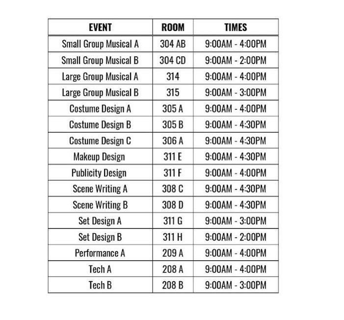 FLJrThespian's tweet photo. Event Room Assignments for Individual Events on Saturday. https://t.co/6VTh129XDO
