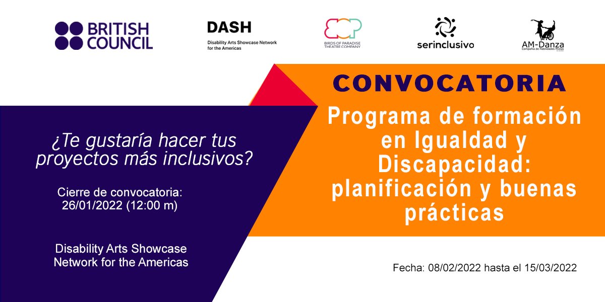 amdanzamixta's tweet photo. ¿Te gustaría hacer tus proyectos más inclusivos?Programa #DASH del British Council @BritishArtsVe en alianza con @amdanzamixta, @serinclusivo  y @BOPTheatre y sé parte del Programa de formación en Igualdad y Discapacidad: planificación y buenas prácticas. https://t.co/UTWeUN8XxD https://t.co/abxeyhJ2MH