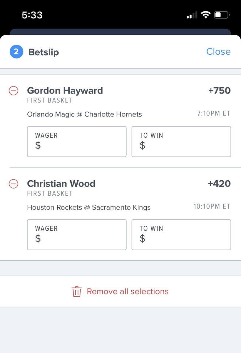 First Basket Friday Promo:

The HOU game and the CHA game seem to have the best value in terms of threes made

I love Wood in this matchup, but for “free” shots, I’m playing Hayward.

He has the first basket in 3 of the last 8 games on the year he has 14 team first baskets