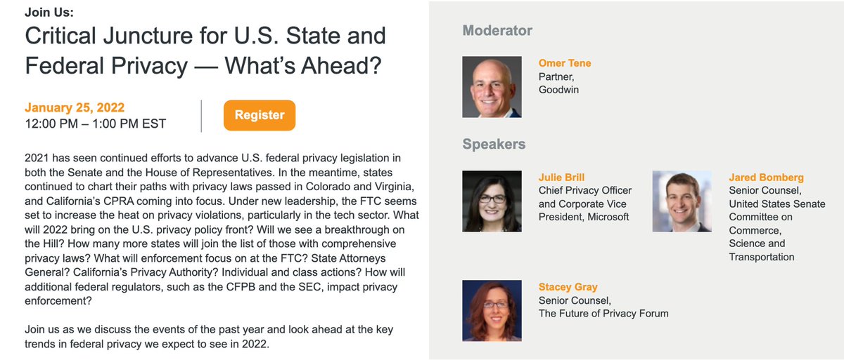 What's coming for privacy in 2022? Join us for 3 part webinar series beginning Jan 25 at noon ET. First up: US federal and state laws. (Next parts: global; enforcement). No better visionaries than these three: <a href="/JulieSBrill/">Julie Brill</a>, Jared Bomberg &amp; <a href="/staceygraydc/">Stacey Gray</a>. sites.goodwinlaw.com/74/6111/compos…