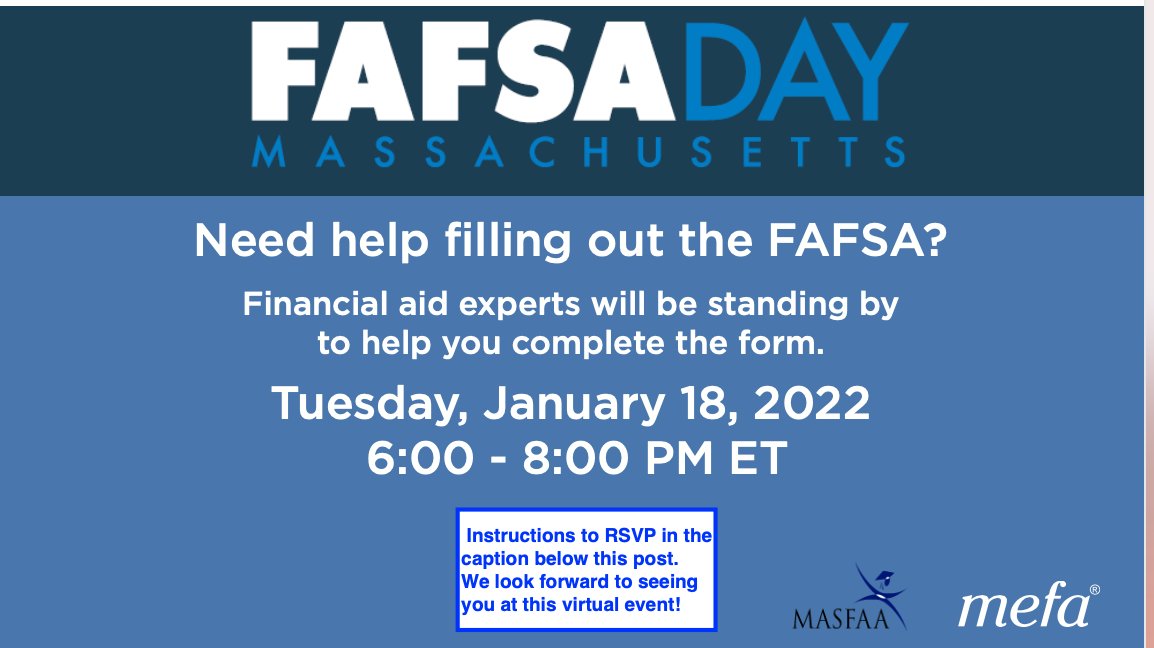 FAFSADayMA's tweet photo. Join financial aid professionals from Massachusetts who volunteer to help students and families with FAFSA questions at this **free**, virtual FAFSA event.

RSVP at : https://t.co/vs1endZnqr
Scroll down to "Register here" in red, bold type.

#fafsa
#fafsahelp
#federalstudentaid https://t.co/MOkcBJYvMW
