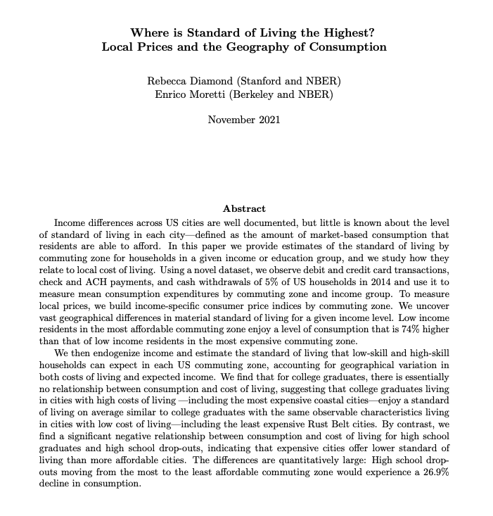 Been reading this paper by Rebecca Diamond &amp; Enrico Moretti about local cost of living diff. It's just really amazing data work. Shows how sometimes basic measurement and descriptive statistics can dramatically improve our understanding about the economy.
web.stanford.edu/~diamondr/Diam…