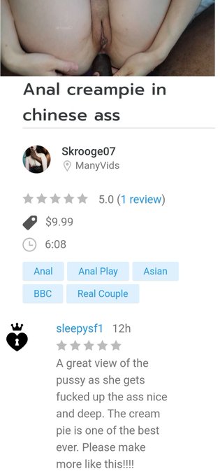 Thanks for the review! My newest anal video is becoming a bestseller already 🥰 You can buy it here @ManyVids<a href="/tag/mvsales"class="tags"><span>#mvsales</span></a>