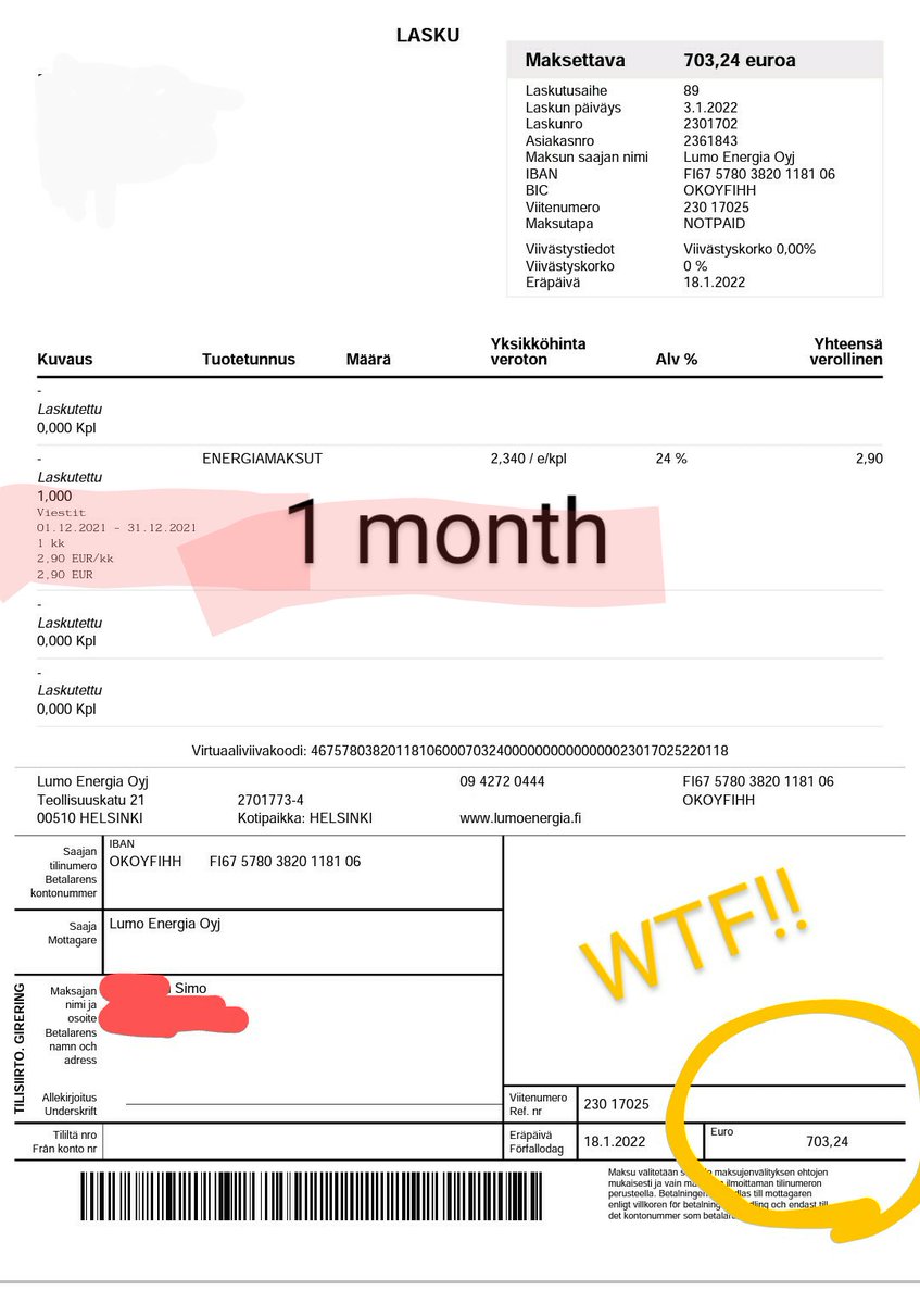 SimoRoivainen's tweet photo. @NFTMINES Mate, I'm out of town, wife's home with the kids, i just got an electric bill for 803$ (703€) for one month! One month!!!what an actual f#@*!! Ouh and this excludes the network fee of 195$ ( 171€) and no mining just wife and a kids watching telly and doing laundry.
#Finland https://t.co/eukI9sfJST