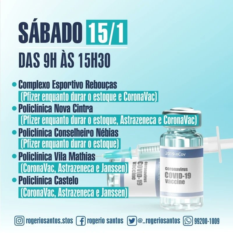 _rogeriosantos's tweet photo. 💉💙 VACINAÇÃO - Se você faz parte do grupo que precisa completar o ciclo #vacinal, poderá fazer isso durante todo o final de semana. Em #Santos, a vacinação não para! https://t.co/VJ9cxPyxlj