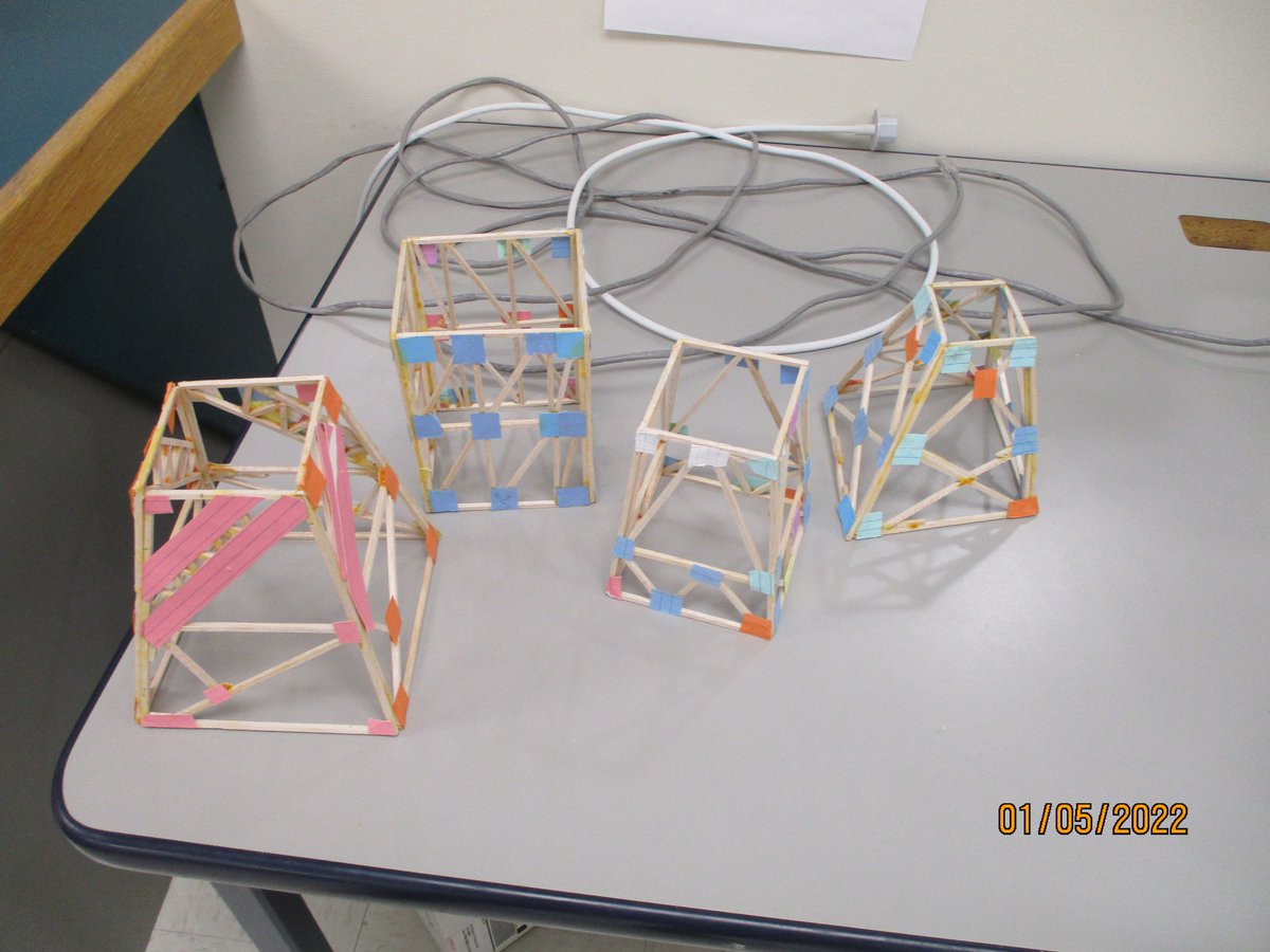 Fifth grade students in Mr. Axelson's and Mrs. McHugh's Inquiry Lab classes  built towers out of balsa wood after learning about building structures and  what makes a strong truss design. Students tested, image size:1200x900