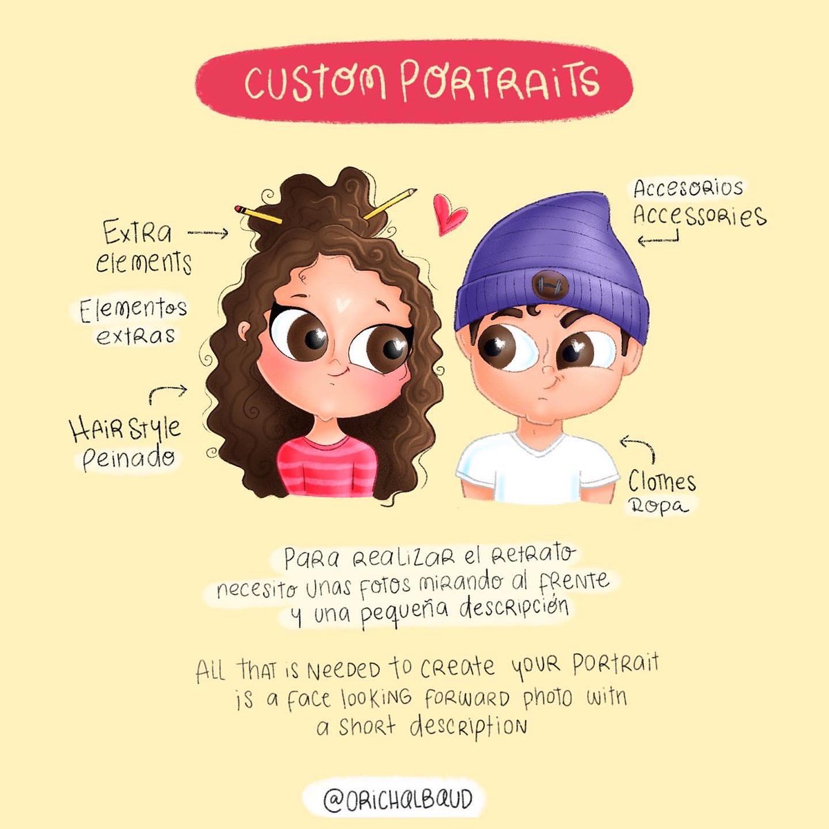 orichalbaud's tweet photo. Que elementos agregarías tu en el retrato de tu amorcito?🥰 para más info entra en mi tienda Etsy🙌🏼. //. what elrments would you add in your special person portrait?🥰
For more info https://t.co/IpyP0kL8Fi #customportraits #illustration #etsyshop https://t.co/E2iGXeXwuX