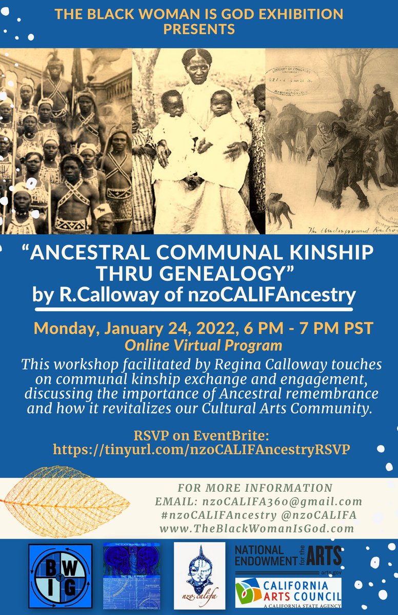 nzoCALIFA's tweet photo. โจVIRTUAL #nzoCALIFAncestry presentation: "Ancestral Communal Kinship thru Genealogy" Mon. JAN.24th, 6P-7P *Register @eventbrite link: https://t.co/WpEqWVEnb1 #TBWIG @krncrrwy @IdrisHassanArts #yOURstorymatters๐ณ https://t.co/od2ZIhRzMY