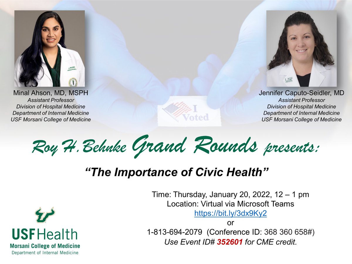 USFHospMed's tweet photo. Next week’s #GrandRounds will feature our own @jennifermcaputo and @MinalAhson talking about the importance of #CivicHealth as they wrap up their @Vot_ER_org fellowship https://t.co/26ArH2GDdq