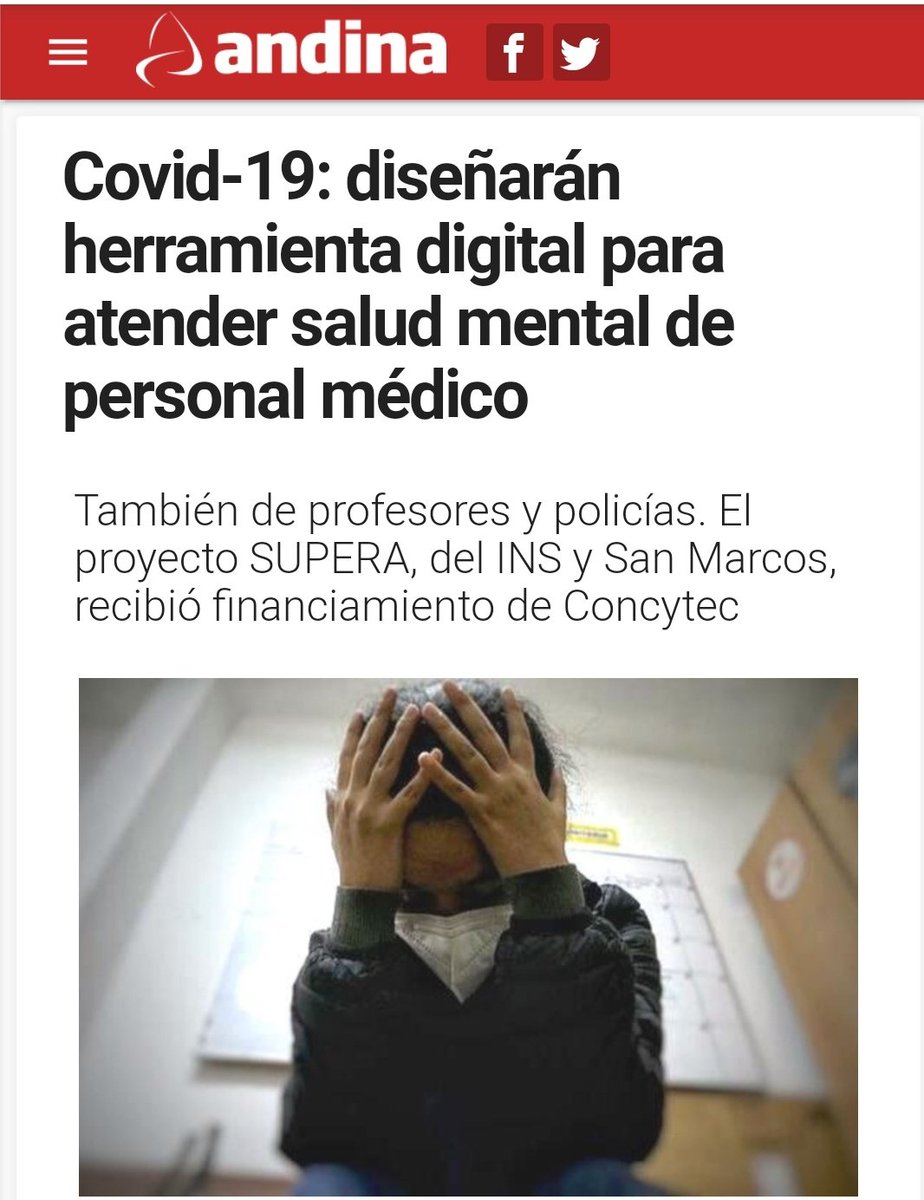 INS_Peru's tweet image. 🔎Covid-19: diseñarán herramienta digital para atender salud mental de personal médico.

👉 bit.ly/3fp53qK
Vía @Agencia_Andina