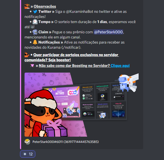 KuraminhaBot's tweet photo. @LorittaBot 😱 | O gerente enlouqueceu!!! Está rolando sorteio de um Nitro pra quem curtir, retweetar e comentar a sua tag do Discord aqui nessa publicação!

🚪 | Para participar do nosso sorteio basta entrar no nosso Servidor de Suporte! https://t.co/SAmOZfQGOh https://t.co/LNERYUUTij