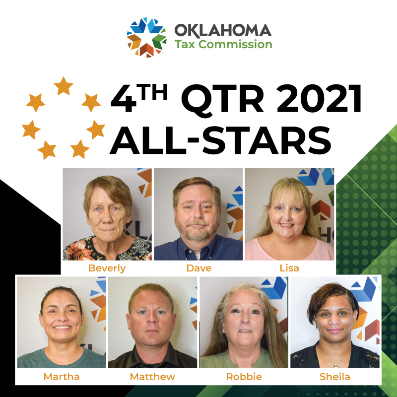 oktaxcommission's tweet photo. Hooray for our fourth quarter ALL-STARS! These dedicated employees work hard behind the scenes to lead by example and improve agency operations, one task at a time. Thank you, ALL-STARS! ๐ #BeOTC https://t.co/DGmfZKW8fD