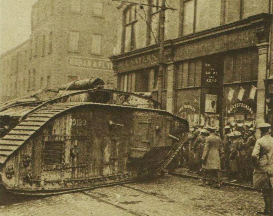 irelandbattles's tweet photo. #OnThisDay 1921 British troops imposed a curfew around Capel St, Church St &amp; North King St in Dublin city centre, allowing nobody in or out.House-to-house searches were made but no significant persons or arms dumps were found.Tanks were used to break in doors. 
#Ireland #History https://t.co/Xfqj3q9BHB