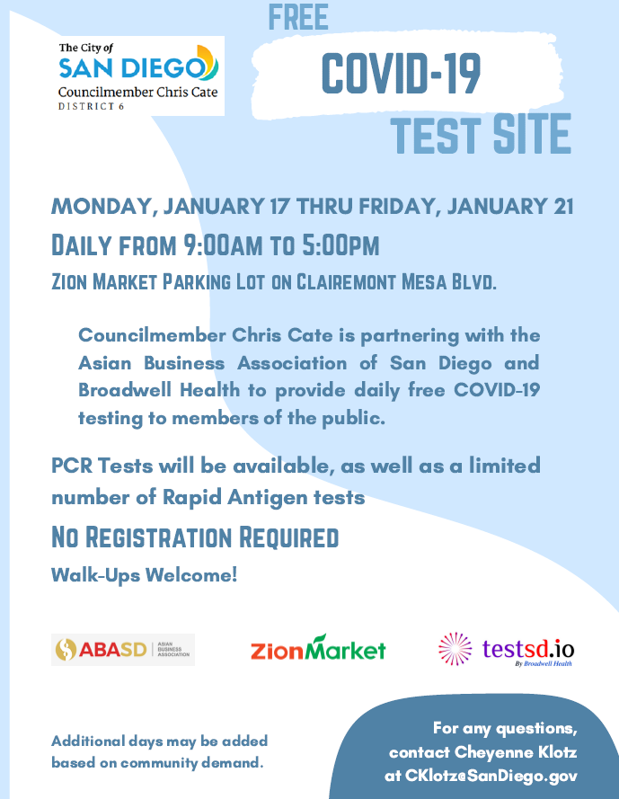chrisjcate's tweet photo. Free COVID Testing will be available from 9am-5pm starting Monday, 1/17 thru Friday, 1/21 in the parking lot of Zion Market on Clairemont Mesa Blvd. PCR tests &amp; limited Rapid Antigen tests will be available. Additional days may be added based on demand. https://t.co/cirv2OvEPn