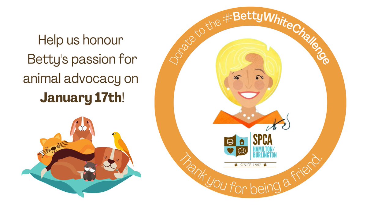 HB_SPCA's tweet photo. Betty White devoted her life to advocating for animal welfare. Join the #BettyWhiteChallenge to celebrate what would have been Betty’s 100th birthday by donating to the #HBSPCA in her honour! https://t.co/Jsv4gitRLc 
#ThankYouForBeingAFriend #hbspca #animalwelfare https://t.co/iErltXOkTd