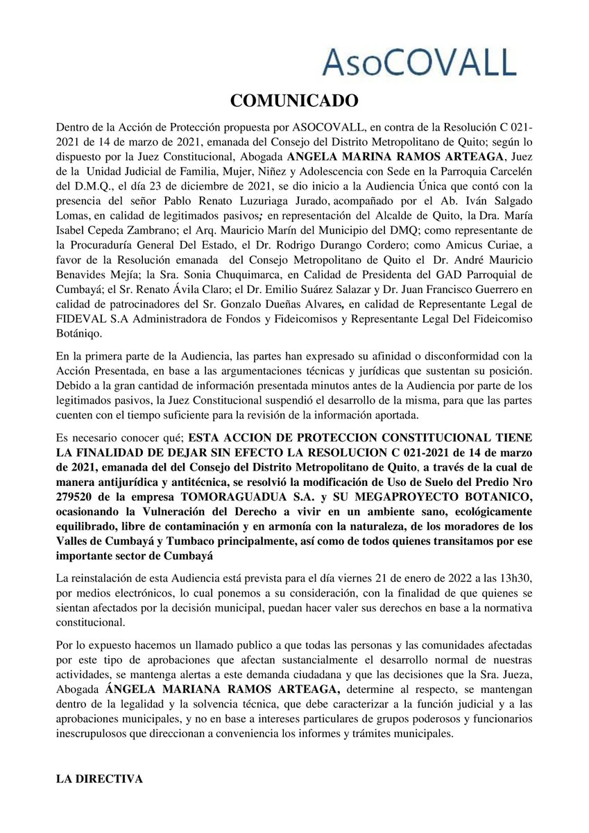 AsoCovall's tweet photo. Dra. Angela Ramos, representamos a miles de residentes de Cumbayá y contamos con su mejor decisión, para los que habitamos el Valle. Somos un sólo Valle unido para defender a Cumbayá. @DEFENSORIAEC @quitohonesto @CJudicaturaEc @QuitoVigila @quitoresilient @PCumbaya @ilaloverde https://t.co/PtFMi7KX6D