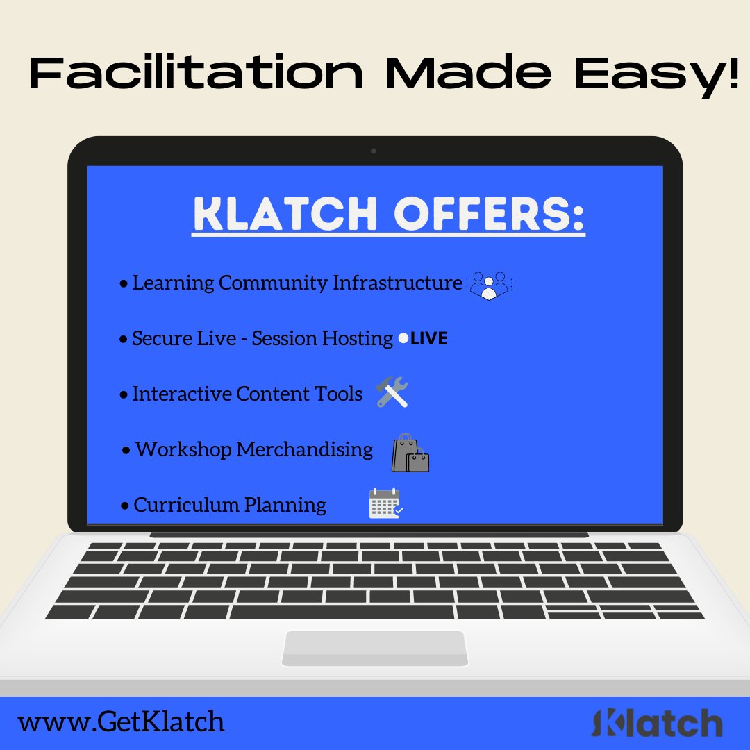 GetKlatch's tweet image. Klatch&apos;s platform has it all!  Focus on what you do best using our centralized platform to do the rest.  Apply to become a facilitator at getklatch.com 

#elearning #edlearning #education #livelovelearn #learningonline #facilitate