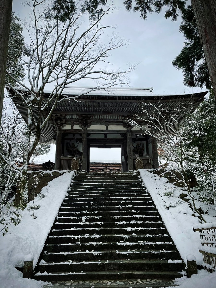 早朝の雪と重要文化財二天門。雪は止みましたが、時折吹く風が樹上の雪を少しずつ落とす音が聞こえてきます。