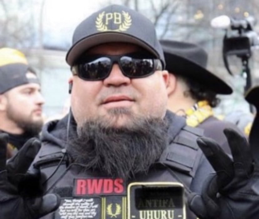 MIAagainstFash's tweet photo. And conspicuously absent from the event was Proud Boy Gilbert Fonticoba #SumoPB #RightHandPB.
He’s facing even more serious charges but the dude who wore a tac vest with a Right-Wing Death Squad patch inside the Capitol on Jan 6 probably doesn’t fit Gabriel’s narrative either. https://t.co/xPZfsUoRQz
