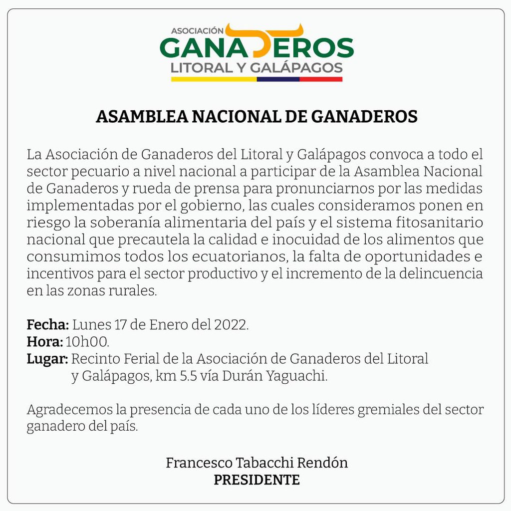 Asamblea Nacional de Ganaderos + de 200 gremios ganaderos del país.
1) VACUNACIÓN AFTOSA Y TEMAS VARIOS AGROCALIDAD. 
2) IMPORTACIÓN, CONTRABANDO  Y TLC
3) ACUERDO DE 15 PUNTOS FIRMADO POR EL PRESIDENTE CON LA AGLYG
4) LECHE 
5) CONSEJO CONSULTIVO AGROPECUARIO 
6) SEGURIDAD RURAL
