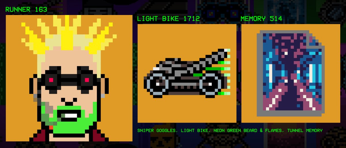 megacitychain's tweet photo. Mega City transportation module...

Runner #163 📝 
Sniper Goggles, light bike, neon green beard &amp; flames, tunnel memory in Mega City. https://t.co/AJYyGrlsMk #nft #nftart https://t.co/TwdYXqXxMU