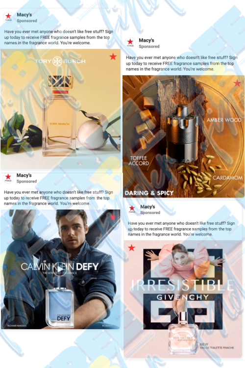 GimmieFreebies's tweet photo. 4 Free Fragrance Samples from Macy’s with Free Shipping (Select FB Accounts) https://t.co/WEFHKNzcQr #EasyFreeSamplesbyMail #_FacebookAd #BeautyMakeup https://t.co/4qN4wy1JHf