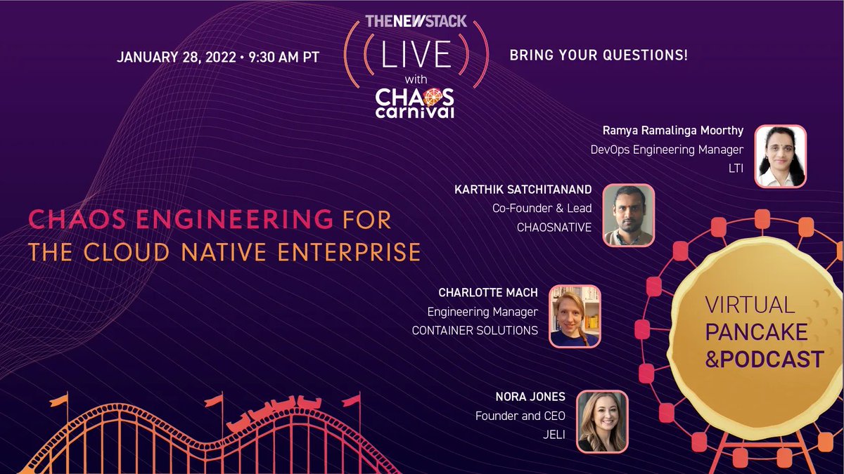thenewstack's tweet photo. On Jan 28 at 9:30am PT, join us LIVE at @chaoscarnivalio. We’re talking w/ @chaosnative's @ksatchit, @jeli_io’s @nora_js,  @infotechinc’s Ramya Ramalinga Moorthy &amp; @containersoluti’s @tinydata42 about chaos engineering, #K8s #observability. #sponsored https://t.co/pIavL2tVff https://t.co/TUgj4dmiTv