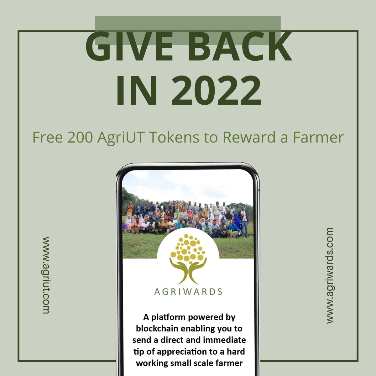 #GiveBack2022 Campaign Released to the Public Today 📣

AgriUT Foundation is kicking off the year with an initiative to help hard-working smallholder farmers. Claim your free 200 AgriUT Tokens to reward a farmer here: 

🌱 bit.ly/Rewardafarmer 

#AgriUT #RewardAFarmer