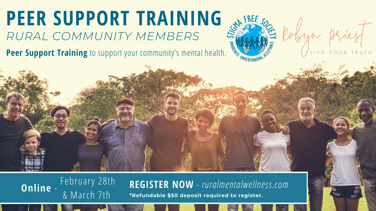 StigmaFreeMH's tweet photo. Registration is open for our Peer Support Training Program for Rural Residents hosted by @stigmafreesocietysfs and @therobynpriest. Happening February 28th & March 7th. Register HERE: https://t.co/VhQYZQTyxW.
#peersupport #peersupporttraining #ruralresident #ruralcommunity https://t.co/IoQZMjQM3x