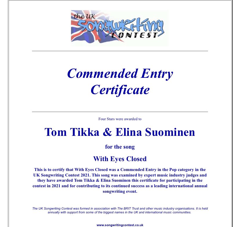 thetomtikka's tweet photo. HUGE NEWS! "By 2022" is in the running as a Semi-Finalist POP CATEGORY in the USA Songwriting Contest!
The winner of the contest will be announced on Jan 21st here:
https://t.co/4L0RDtuwZh
Also, ”With Eyes Closed" won 4 stars in the UK contest!
#hitsongwriter #popmusic https://t.co/1RdFf9Ujch
