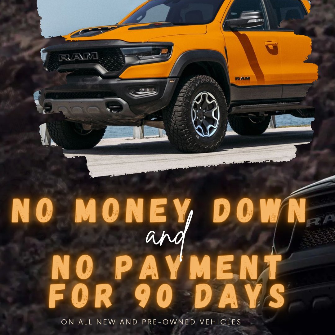 varsitycdj's tweet photo. No money down AND no payment for 90 Days on ALL new or pre-owned vehicles! Over 250 vehicles to choose from! #nopaymentfor90days #savings #new #pre-owned #trucks #cars #SUV https://t.co/w20wgXOWqR
