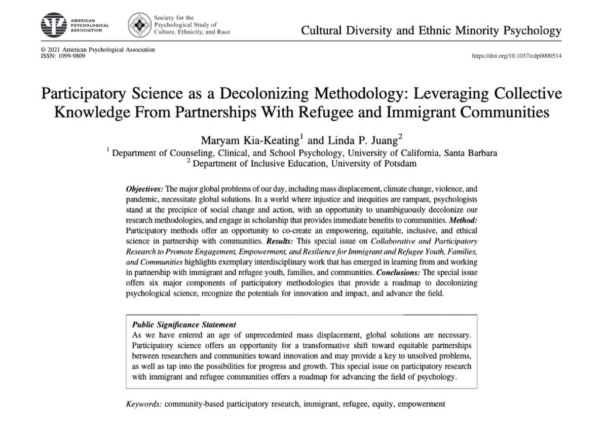 I'm so excited to share my latest paper on #participatory science. I'm honored to have worked with the amazing @LindaJuang on this labor of love. Our time zones are 9 hrs apart but every odd hour meeting was so worth it! #CBPR #AcademicTwitter #AcademicChatter A few excerpts: