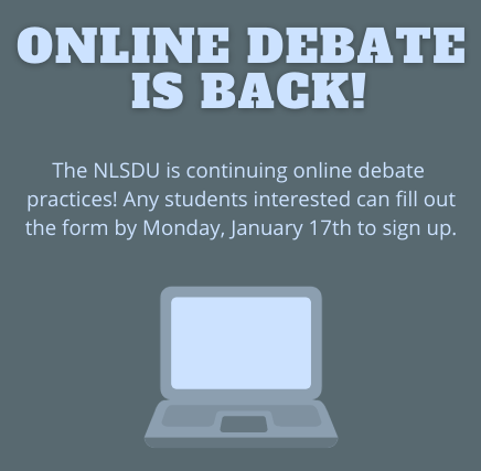 nlsdu's tweet photo. Looking for access to consistent debate no matter what's going on with schools? Sign up for online debate here by Jan 17th! 

https://t.co/4QY8ad5Bf5

Contact programming@nlsdu.org for questions or to get involved after the 17th https://t.co/J0A1dNQZSx