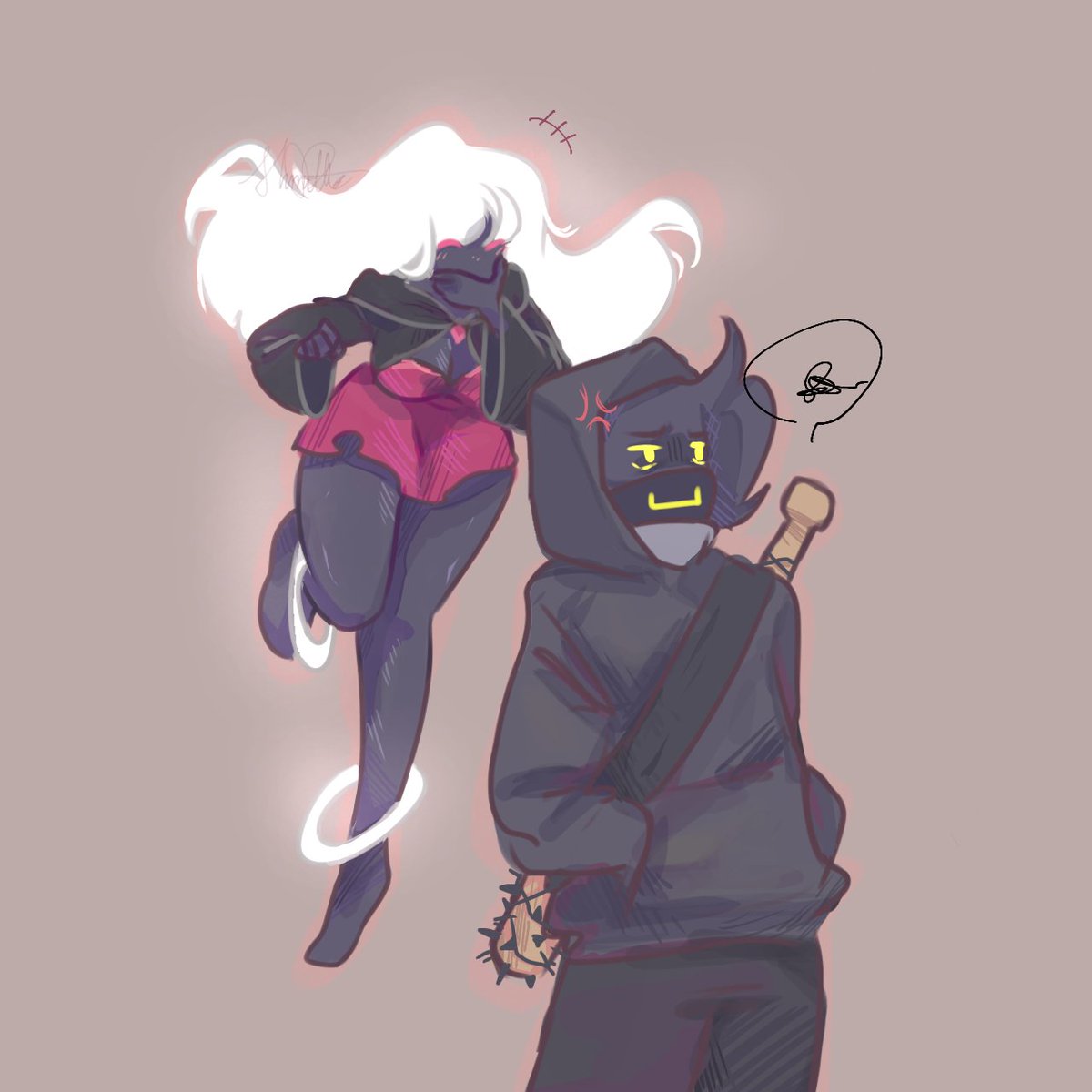 shmittle's tweet photo. drawing of me and @epikiseating 's corrupted versions of our OCs 

I rarely draw her anymore, so I decided to make this out of justice for her 🙆‍♀️👍

#oc #owncharacter #originalcharacter #corrupted #corruptedoc #AmongUs https://t.co/fujPTdoT3O