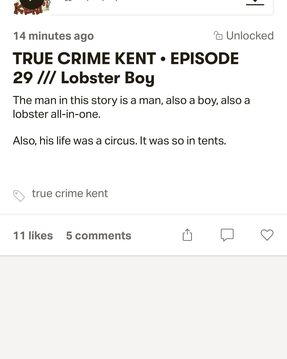 KentChungus's tweet image. TCK Episode 29: Lobster Boy is UP on patreon and will go public on Monday!

If you listen to it after an episode about a more mainland killer like Ed Gein, it's kind of like Podcast Surf N' Turf. Bon Apple Tit, or Whatever the French say.