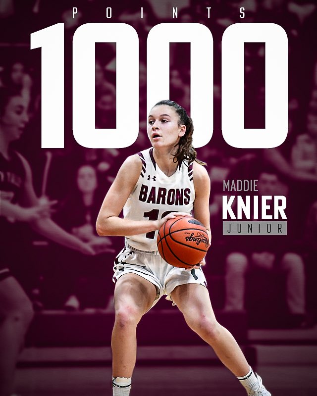 Congratulations to Manheim Central’s Maddie Knier who scored her 1,000th Career Point tonight in the 1st qt against Elco! Knier becomes the 6th player in Lady Barons history to reach the 1,000 pt mark! @MCLadyBarons @BaronSports717 @Baron__Nation @maddieknier