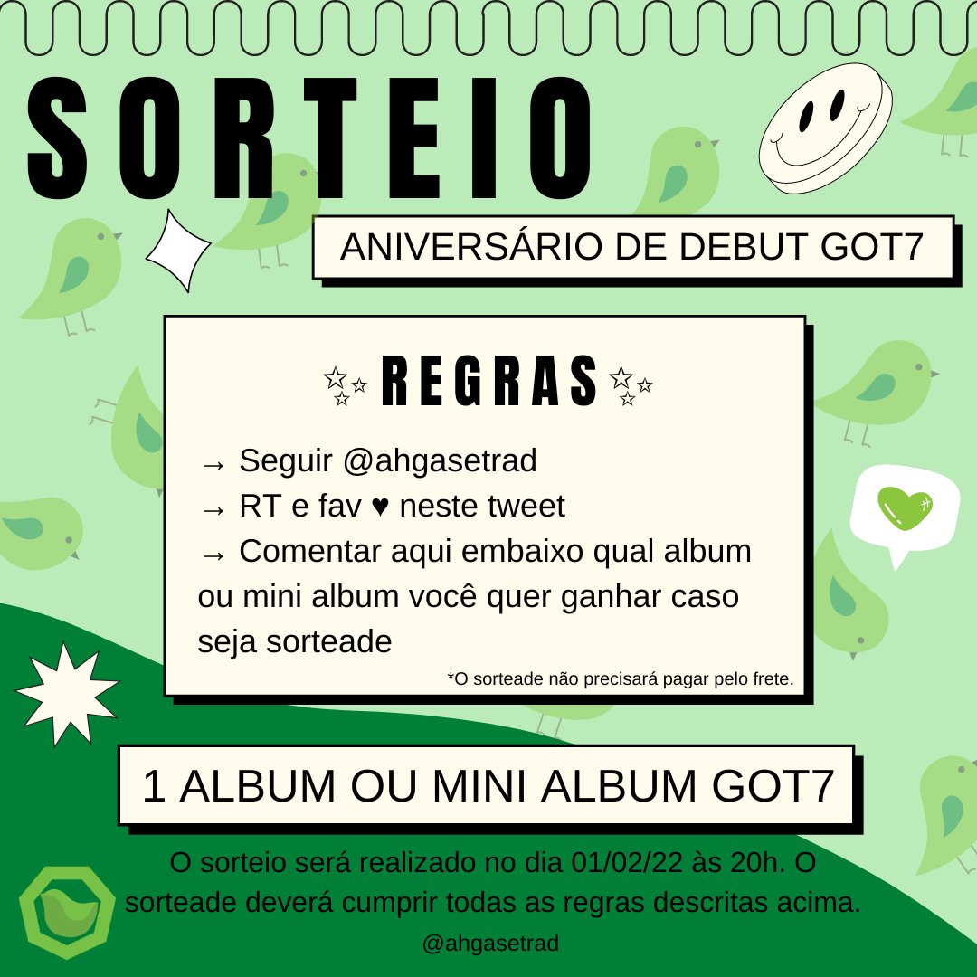 ahgasetrad's tweet image. 💚 Mais um aniversário de debut do GOT7 chegou e com ele o SORTEIO mais aguardado pelos ahgases 💚

✨ Regras ✨
→ Seguir @ahgasetrad 
→ RT e fav neste tweet
→ Comentar aqui embaixo qual album ou mini album você gostaria de ganhar

🗓️ O sorteio será realizado no dia 01/02 20h