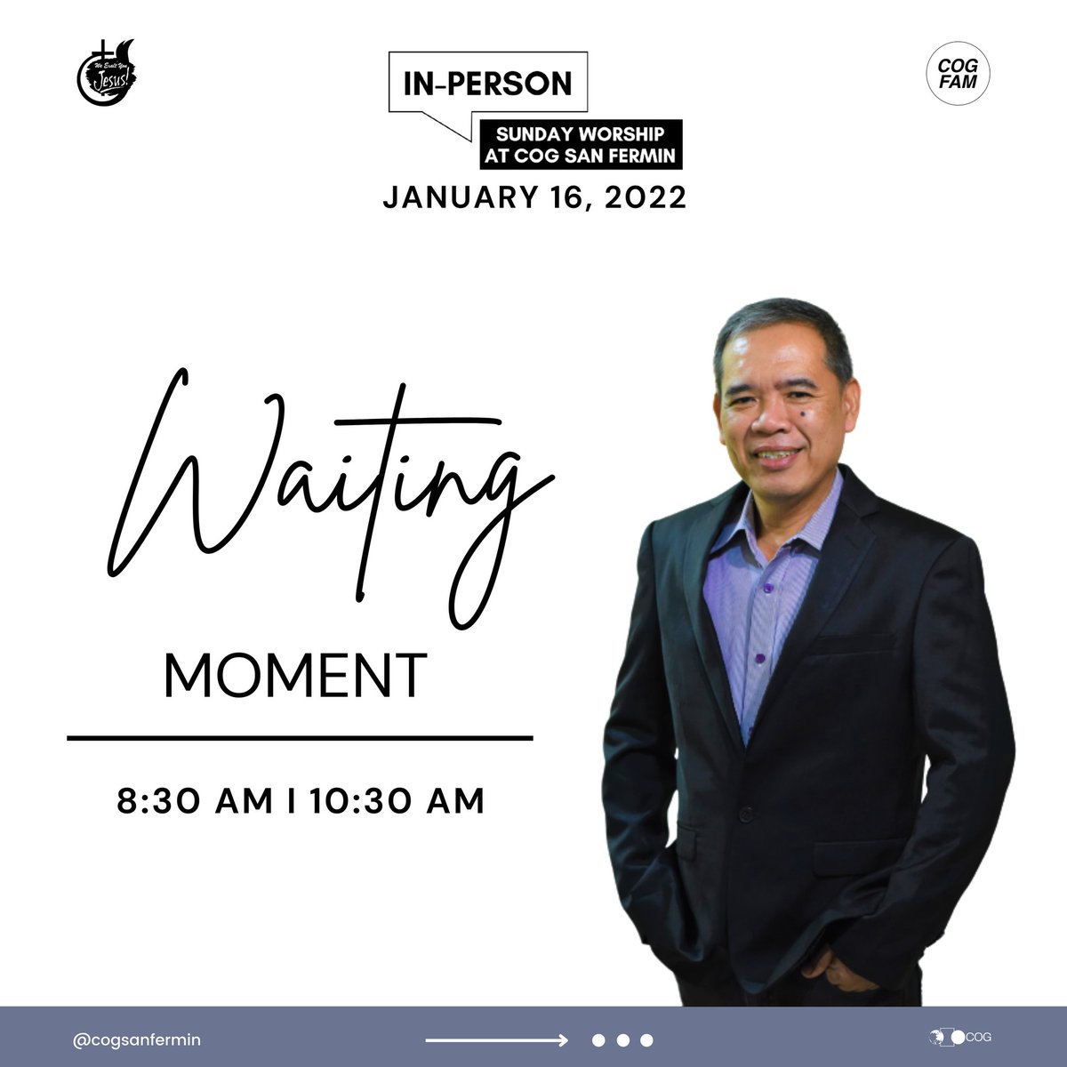 COGSanFermin_'s tweet photo. The Lord enters the journey of those who wait. May we continue to trust Him as He reveals Himself along the way.✨

Let's worship as one #COGFamily this Sunday to catch God's fresh fire in our in-person services. 

See you! 😊 God bless 😇 

#cogsanfermin https://t.co/CvIlVlMYZx