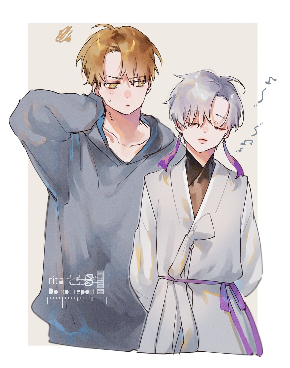 2boys multiple boys male focus closed eyes short hair yellow eyes earrings  illustration images