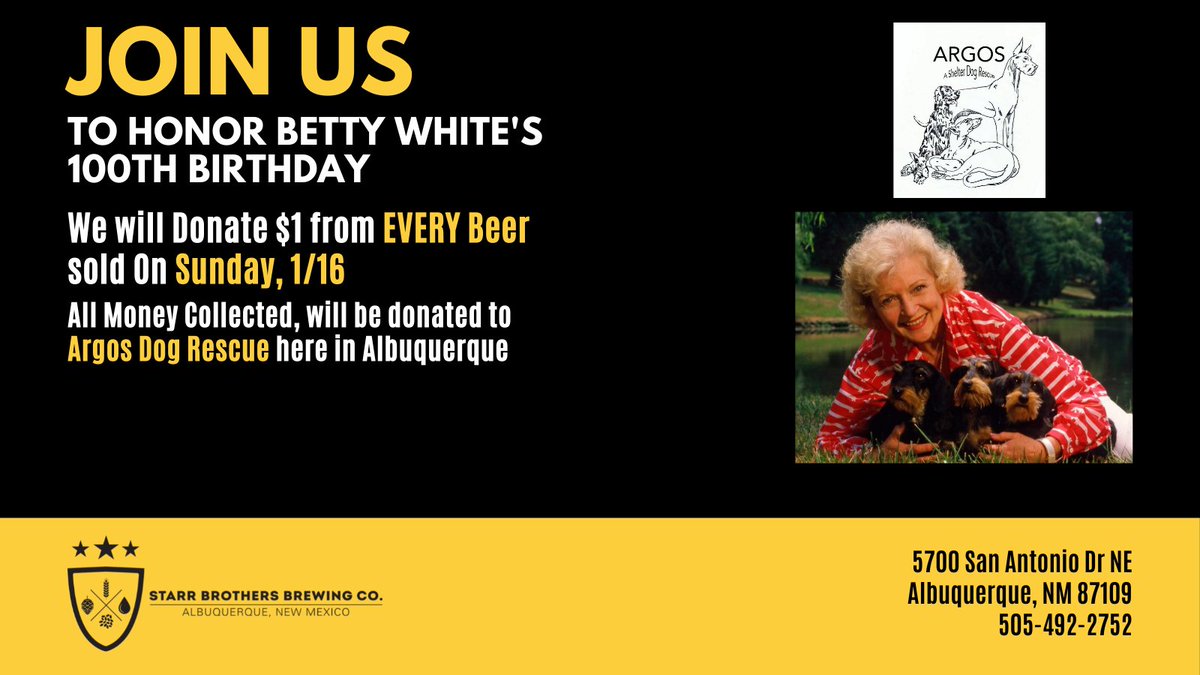 Starr Brothers Brewing (@starrbrobrewco) on Twitter photo Join us this Sunday to honor Betty White's 100th Birthday. We will donate $1 for Every Beer Sold/donated to <a href="/ArgosDogs/">Argos Dogs</a> - they rescue, provide medical care, and successfully re-home dogs at risk.๐๐ฆฎ๐ฉ๐โ๐ฆบ๐พ๐ฆด๐ถ
Cheers! ๐ป#BettyWhiteChallenge #ArgosDogs Join us this Sunday to honor Betty White's 100th Birthday. We will donate $1 for Every Beer Sold/donated to <a href="/ArgosDogs/">Argos Dogs</a> - they rescue, provide medical care, and successfully re-home dogs at risk.๐๐ฆฎ๐ฉ๐โ๐ฆบ๐พ๐ฆด๐ถ
Cheers! ๐ป#BettyWhiteChallenge #ArgosDogs